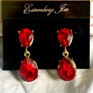 NWOT Eisenberg Ice Red Crystal and Gold Two Tier drop pierced earrings!